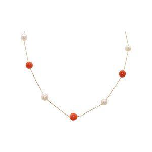 Coral Tin Cup - Red-Orange Coral with White Pearl on Gold Chain